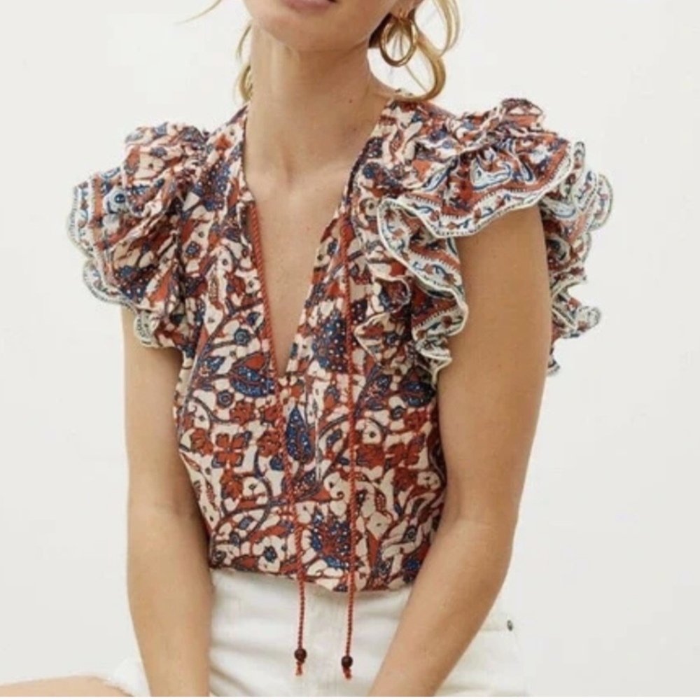ANTHRO I Rust & Blue Floral Ruffled Short Sleeve Blouse Top by Love the Label XS